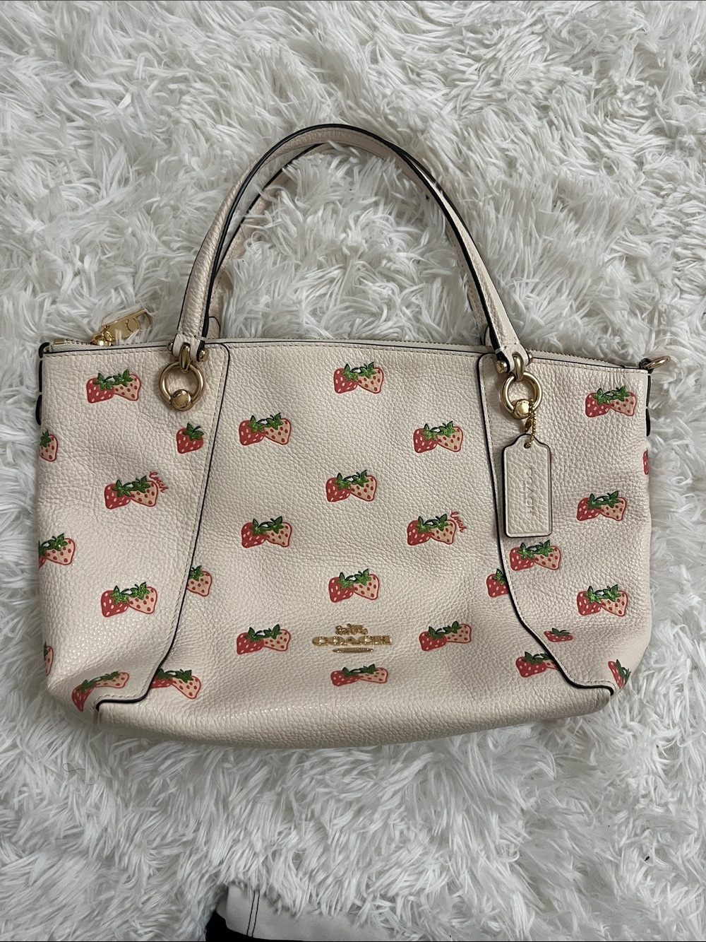 Coach Cream Leather Strawberry Print Shoulder Bag